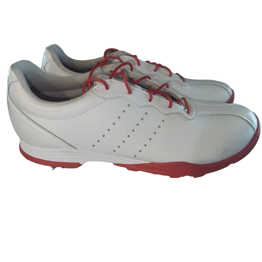 Adidas‎ adiPure Womens Golf Shoes White Red Leather Studded Cleated Spikes